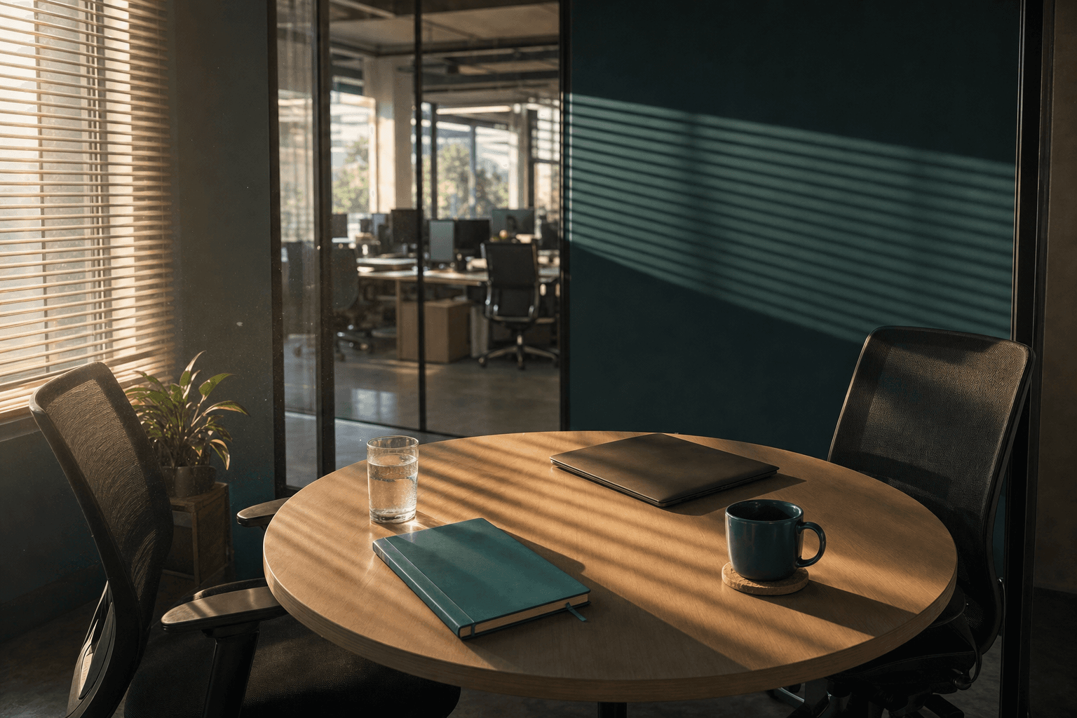 Sala de reunião vazia em agência de marketing digital no fim da tarde, com mesa redonda, duas cadeiras frente a frente, caderno turquesa fechado e parede azul-petróleo iluminada por luz de persiana.